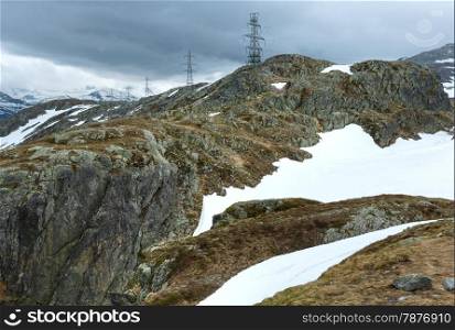 Summer mountain landscape with electric poles (Grimsel Pass, Switzerland)