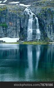 Summer mountain landscape with lake and waterfall (Norway, Aurlandsfjellet).