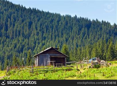 Summer mountain plateau landscape with farm shed on hill top