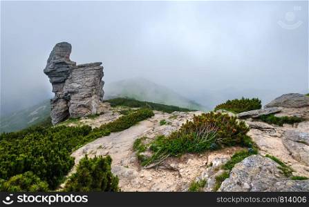 Summer mountain ridge with big vertical stony rocks. Clouds and fog. Carpathian, Chornohora, Vuhatyj Kaminj, Ukraine.