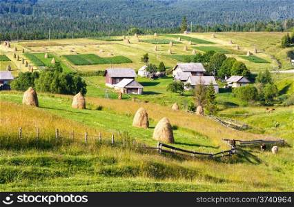 Summer mountain village outskirts with haystacks on field (Carpathian, Ukraine)