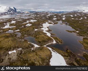 Summer mountains landscape in Norway. National tourist scenic route 55 Sognefjellet. Aerial view. Mountains landscape. Norwegian route Sognefjellet