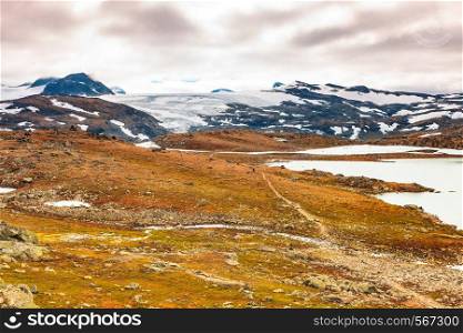 Summer mountains landscape in Norway. National tourist scenic route 55 Sognefjellet from Lom to Gaupne.. Mountains landscape. Norwegian route Sognefjellet