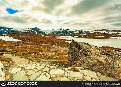 Summer mountains landscape in Norway. National tourist scenic route 55 Sognefjellet from Lom to Gaupne.. Mountains landscape. Norwegian route Sognefjellet