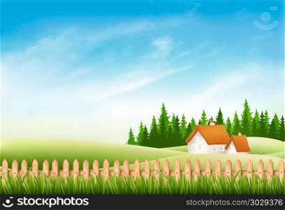Summer nature landscape with village house, green grass and fenc. Summer nature landscape with village house, green grass and fence. Vector. Summer nature landscape with village house, green grass and fence. Vector