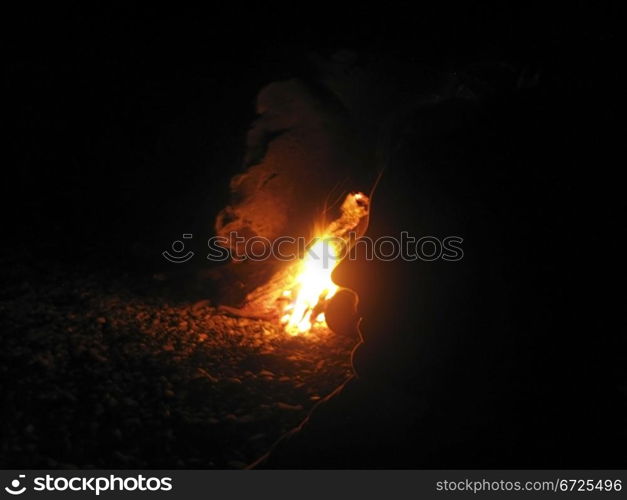 Summer night and young woman near the bonfire