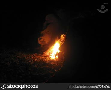 Summer night and young woman near the bonfire