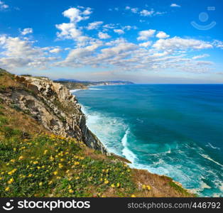 Summer ocean coastline view near beach Azkorri or Gorrondatxe in Getxo town, Biscay, Basque Country, Spain.