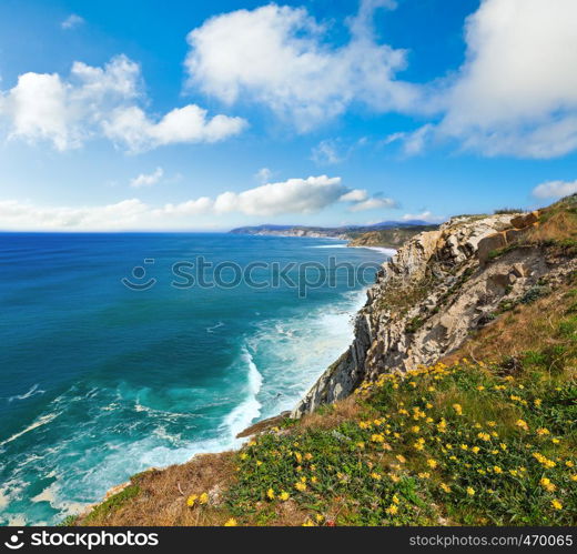 Summer ocean coastline view near beach Azkorri or Gorrondatxe in Getxo town, Biscay, Basque Country (Spain).