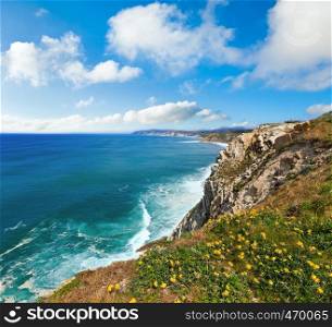 Summer ocean coastline view near beach Azkorri or Gorrondatxe in Getxo town, Biscay, Basque Country (Spain).