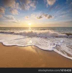 Summer on the beach. Sandy seashore during sunset. Element of design.