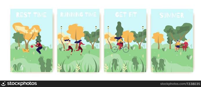 Summer Outdoors Recreation Flat Cartoon Cards Set. Get fit, Rest or Running Time Vertical Invitation Banner Kit. Vector Active People Jogging, Playing with Dog, Cycling, Chatting Illustration. Summer Outdoors Recreation Flat Cartoon Cards Set