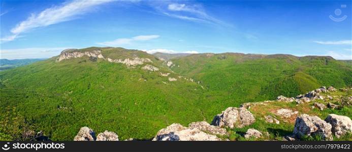 Summer panorama view of Kokkozka River valley (Crimea Mountain, Ukraine). Great Crimean Canyon far left.
