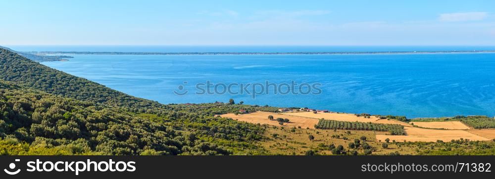 Summer panoramic view of Lago di Varano (Varano lake) on the Gargano peninsula in Puglia, Italy. Three shots stitch panorama.