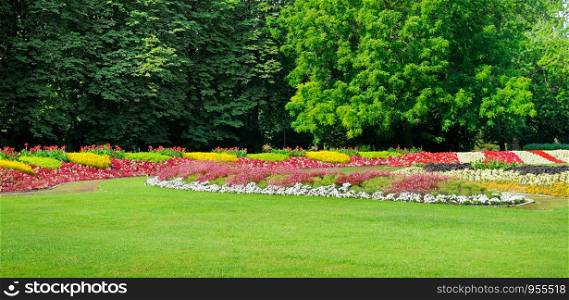Summer park with beautiful flower beds and lawn. Wide photo .