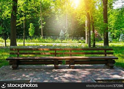 summer park, wooden benches and sunrise