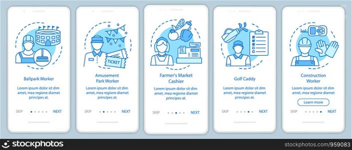Summer part-time jobs blue onboarding mobile app page screen with linear concepts. Construction worker, caddy. walkthrough steps graphic instructions. UX, UI, GUI vector template with illustrations