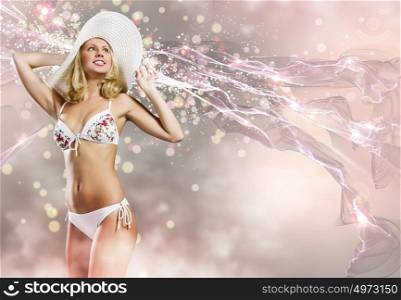 Summer party. Young woman in white bikini against color background