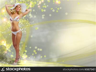 Summer party. Young woman in white bikini against color background