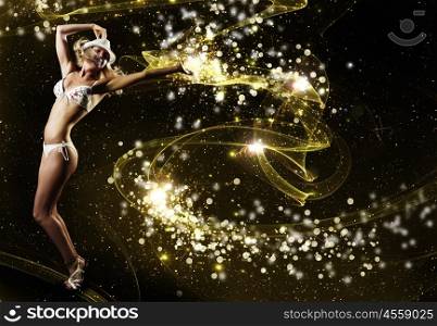 Summer party. Young woman in white bikini dancing against color background