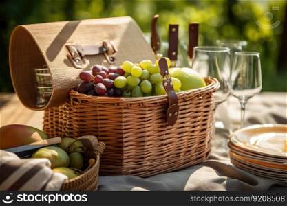 summer picnic basket filled with picnic essentials, including plates, wine glasses and utensils, created with generative ai. summer picnic basket filled with picnic essentials, including plates, wine glasses and utensils