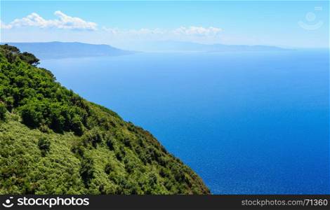 Summer picturesque Tyrrhenian sea Calabrian coast view from Monte Sant'Elia (Saint Elia mount, Calabria, Italy) top.