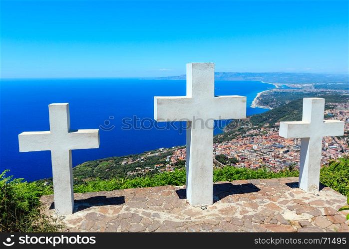 Summer picturesque Tyrrhenian sea Calabrian coast view from Monte Sant'Elia (Saint Elia mount, Calabria, Italy). Three Christianity crosses on mountain top.