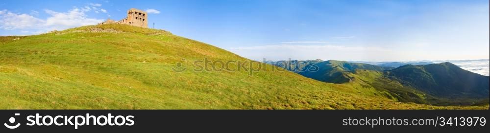 Summer Pip Ivan mountain top with fortress - observatory ruins (Chornogora Ridge, Carpathian, Ukraine). Five shots stitch image.