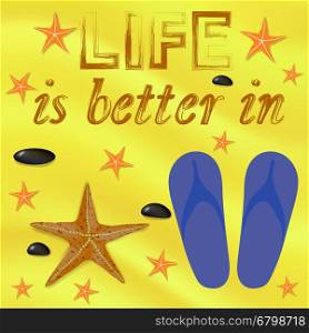 Summer Poster on Yellow Sand Background. Starfish and Sea Stones and Blue Slippers on Beach. Positive Quote about Summer Time.