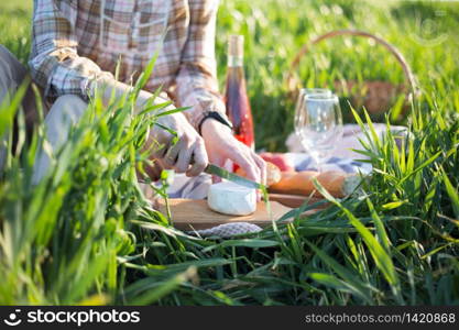 Summer - Provencal picnic in the meadow. girl cuts brie cheese near a picnic basket and baguette, wine, glasses