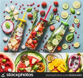 Summer refreshing and extra hydrating infused water in bottles with ingredients, top view. Various fruits and berries water flavor combinations. Summer drinks. Healthy and clean detox beverages.