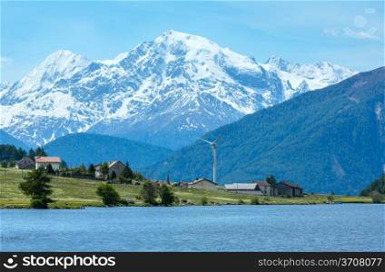 Summer Reschensee view with blossoming dandelion Alpine meadow (Italy)