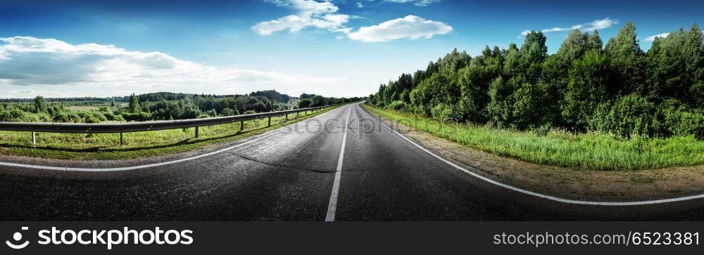Summer road panorama. Summer road panorama. Highway move forward background. Summer road panorama