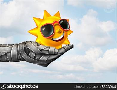 Summer road travel and driving during the hot season as a group of highways shaped as a hand holding a happy sun as a 3D illustration.