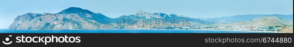 Summer rocky coastline (Koktebel Town, Crimea, Ukraine ). All peoples and cars is aunrecognizable. Seven shots stitch image.