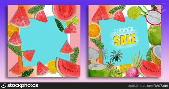 Summer sale background layout for banners, Paintings bright fruit of melon coconut dragon fruit watercolor painting colorful illustration of poster wallpaper, products, print in trend color background