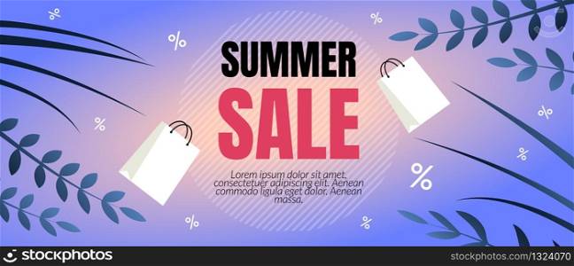 Summer Sale Discount Flyer Vector Illustration. Invitation Coupon for Best Summer Sale in Shopping Centers. Banner Flat Discount on Order Summer Collections in Online Stores Cartoon.