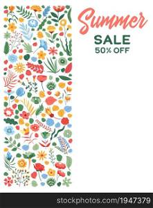 Summer Sale Floral design template banner. Discount bright design with flowers and leaves. Vector invitation poster. Summer Sale off vector banner flower print