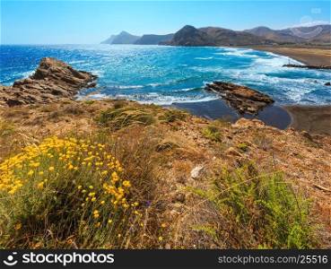 Summer sandy beach and yellow flowers in front. Mediterranean sea coastline landscape (Portman bay, Costa Blanca, Spain).