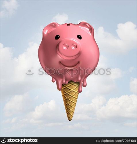 Summer savings concept as a melting piggy bank icecream on a cone as a hot fun financial symbol or feeling the economic heat icon and vacation budget as a 3D illustration.