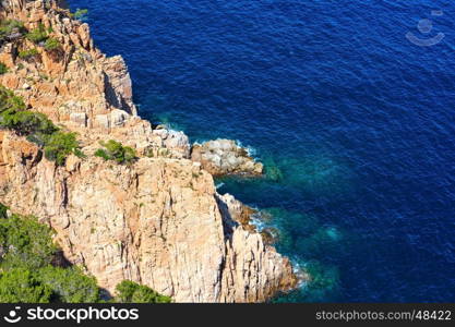Summer sea rocky coast view. Coastline between Barcelona and Palamos (Coasta Brava, Catalonia, Spain).