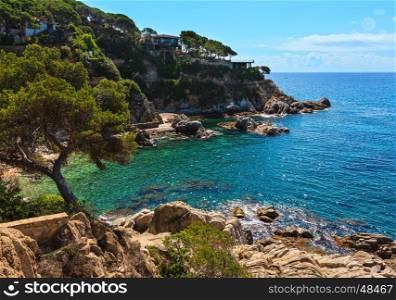 Summer sea rocky coast view with conifer trees and sunny sparkles on water surface (Catalonia, Spain).
