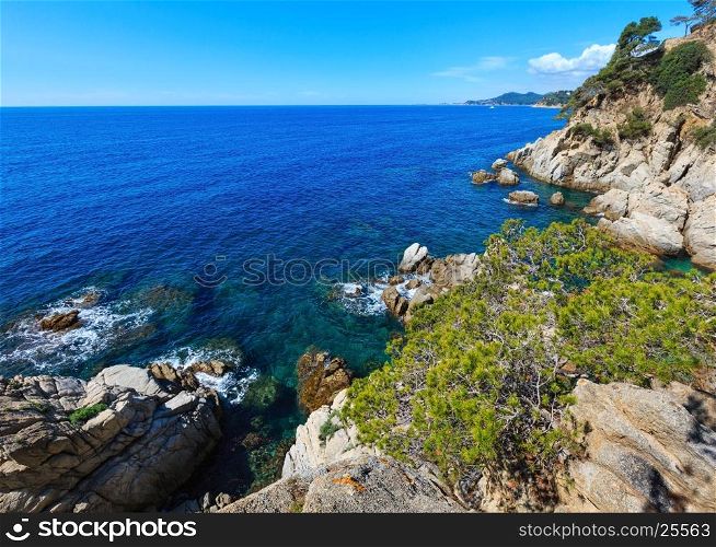 Summer sea rocky coast view with conifer trees (Catalonia, Spain).