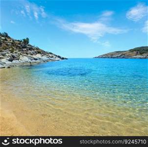 Summer sea scenery with aquamarine transparent water and sandy Agridia Beach. View from shore  Sithonia, Halkidiki, Greece .