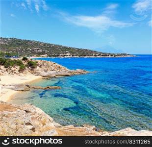 Summer sea scenery with aquamarine transparent water and sandy beaches. View from shore  Sithonia, Halkidiki, Greece .