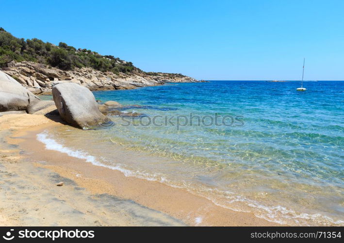 Summer sea view from sandy beach (Valti, Sithonia, Halkidiki, Greece).