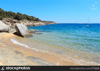 Summer sea view from sandy beach (Valti, Sithonia, Halkidiki, Greece).