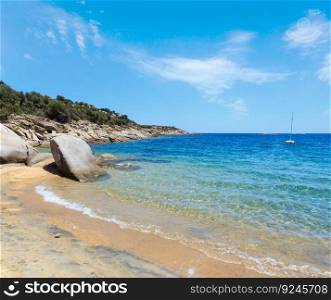 Summer sea view from sandy beach  Valti, Sithonia, Halkidiki, Greece .