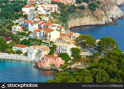 Summer sea view of Assos village (Greece, Kefalonia, Ionian Sea).