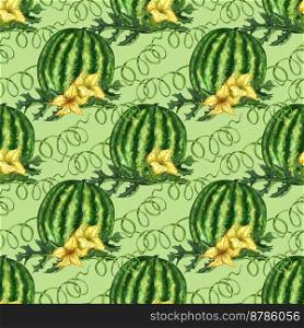 Summer seamless beckgrouns of ripe watermelon. Watercolor seamless pattern with whole watermelons and yellow flower